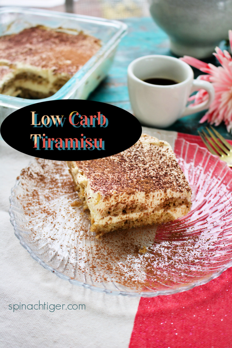 Low Carb Tiramisu with almond flour cake fingers that stay intact. Sabyon and mascarpone make an authentic cream. #ketofriendly #keto #lowcarb #tiramisu #spinachtiger #mascarpone via @angelaroberts