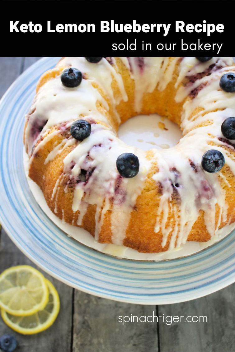Super moist keto lemon blueberry bundt recipe as sold in our keto bakery. Almond flour, coconut flour, sour cream, fresh lemon juice, blueberries with vanilla glaze. Tips for making bundt cakes. #ketolemonblueberrybundtcake #ketolemonblueberry #keto #bundtcake #spinachtiger via @angelaroberts
