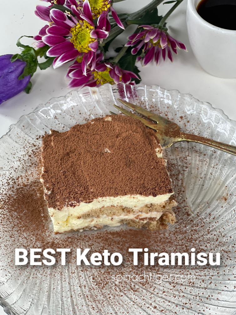 Low Carb Tiramisu with almond flour cake fingers that stay intact. Sabyon and mascarpone make an authentic cream. #ketofriendly #keto #lowcarb #tiramisu #spinachtiger #mascarpone via @angelaroberts