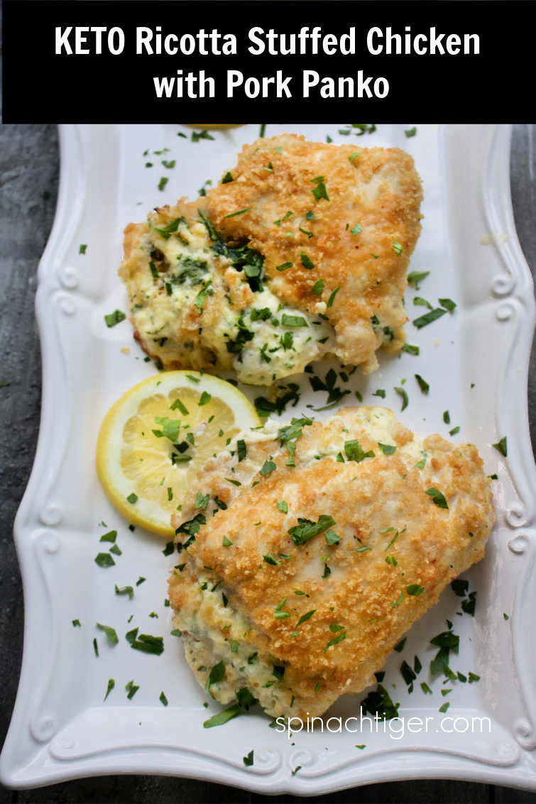Stuff chicken breast with spinach ricotta, with lemon butter sauce, topped with pork panko for a grain free, gluten free, keto friendly dinner, #spinachtiger #ricottachickenbreast #chickenbreast #glutenfree #keto #porkpanko #lemonsauce via @angelaroberts
