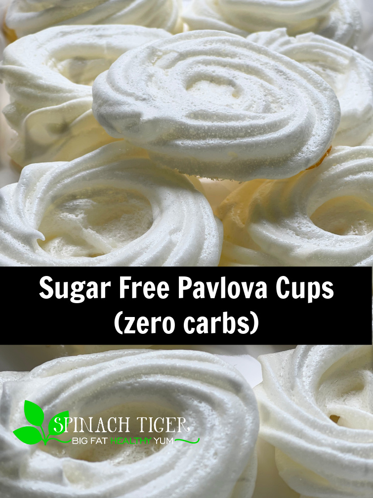 Keto Pavlova Cups for a zero carb dessert, using egg whites, Swerve Confectioner's sweetener. Fill with berries for a light dessert. #ketodessert #pavlova #sugarfree #diabetic #Swerve #eggwhites #spinachtiger via @angelaroberts