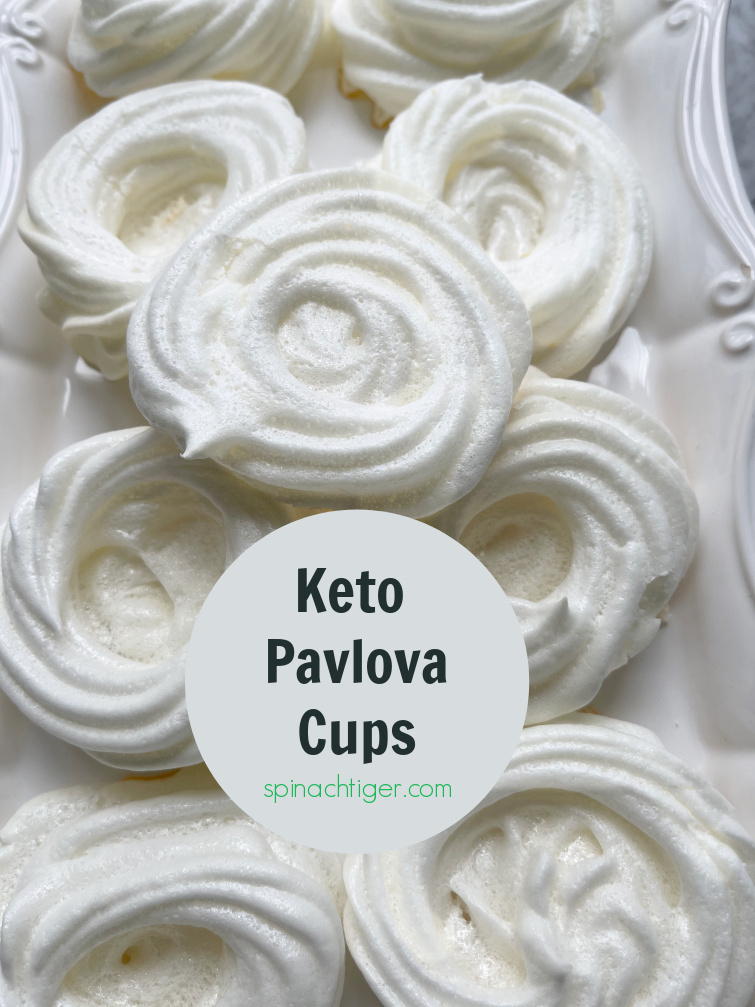 Keto Pavlova Cups for a zero carb dessert, using egg whites, Swerve Confectioner's sweetener. Fill with berries for a light dessert. #ketodessert #pavlova #sugarfree #diabetic #Swerve #eggwhites #spinachtiger via @angelaroberts