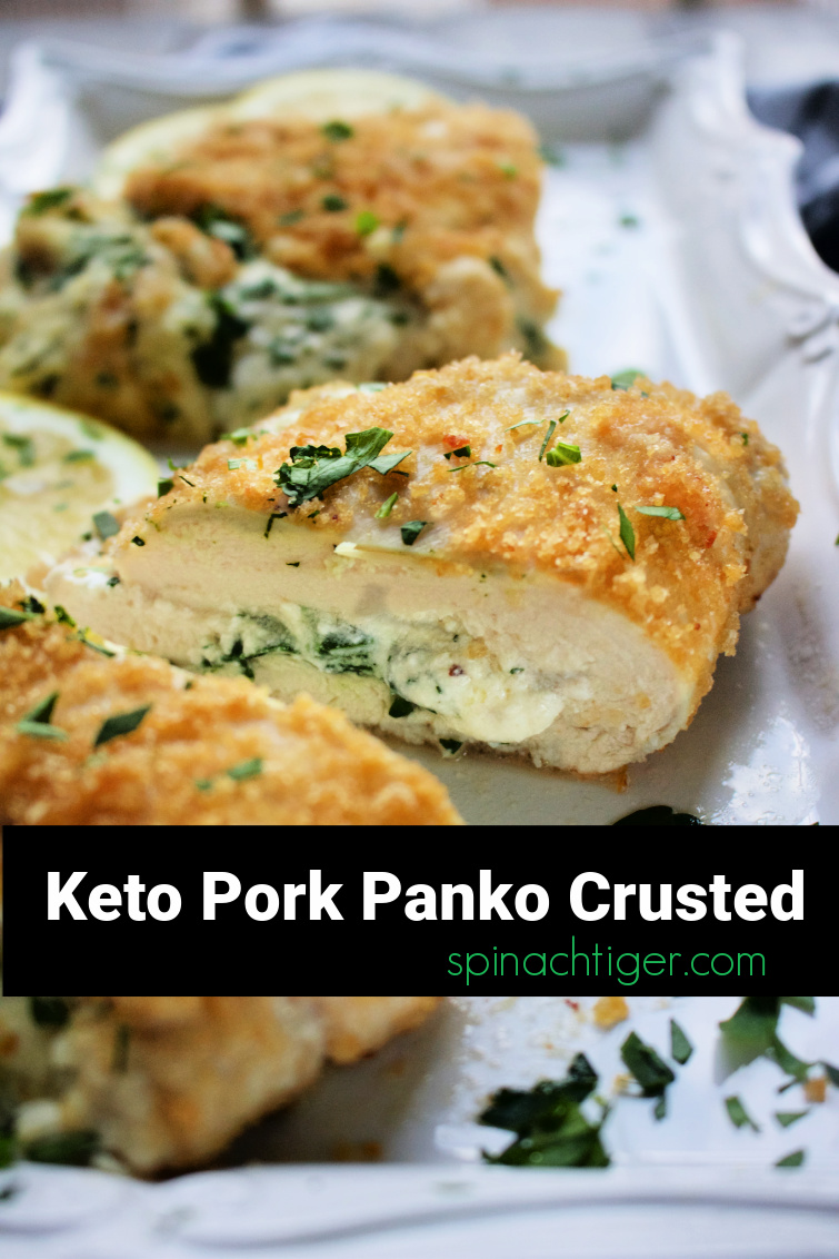 Stuff chicken breast with spinach ricotta, with lemon butter sauce, topped with pork panko for a grain free, gluten free, keto friendly dinner, #spinachtiger #ricottachickenbreast #chickenbreast #glutenfree #keto #porkpanko #lemonsauce via @angelaroberts