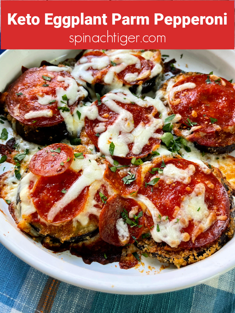 Low Carb Eggplant Parmesan Pepperoni is keto friendly and gluten free. Made with pork panko for no carbs, tomato sauce, mozzarella and pepperoni. Learn the tricks of frying eggplant crispy. #ketoeggplantparm #paleoeggplantparm #pepperoni #mozzarella #ketoIalian #lowcarbitalian #spinachtiger via @angelaroberts