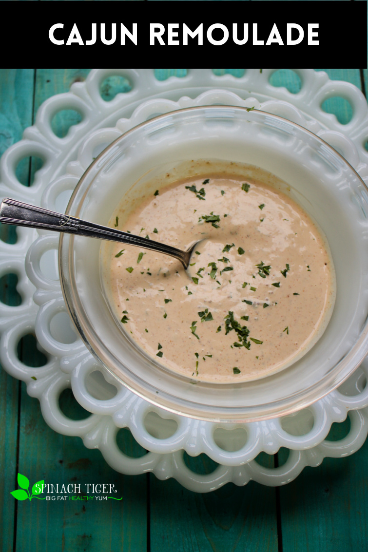 Cajun Remoulade made with stone ground mustard, mayonnaise, hot sauce, paprika, and more. Perfect for seafood, frid veggies, salads. #spinachtiger #remoulade #cajunremoulade via @angelaroberts