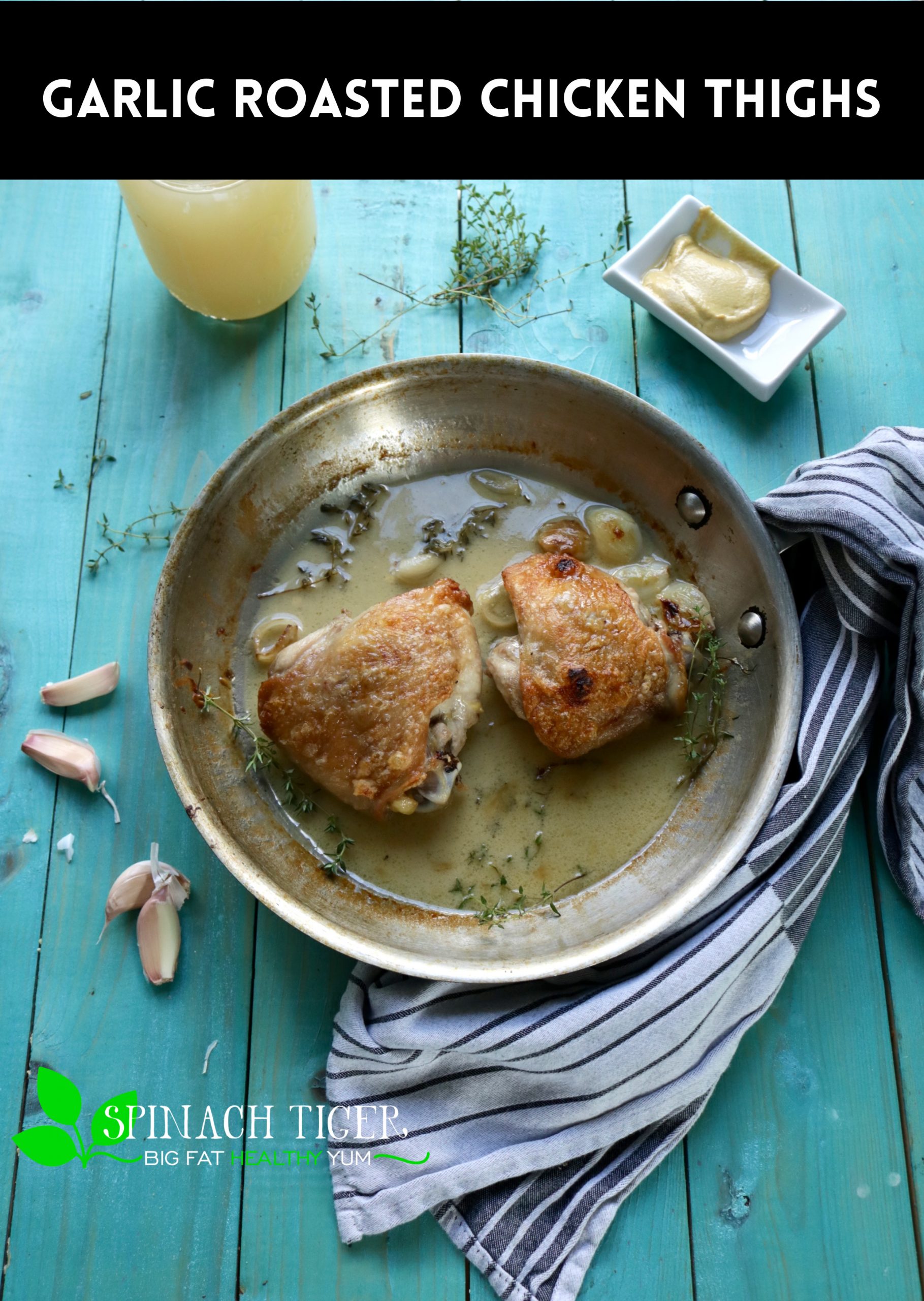 Garlic Roasted Chicken Thighs, an easy chicken dinner made with butter, thyme and fresh garlic. #chickenthighs #chickendinner #roastedchickenthighs #easydinners via @angelaroberts