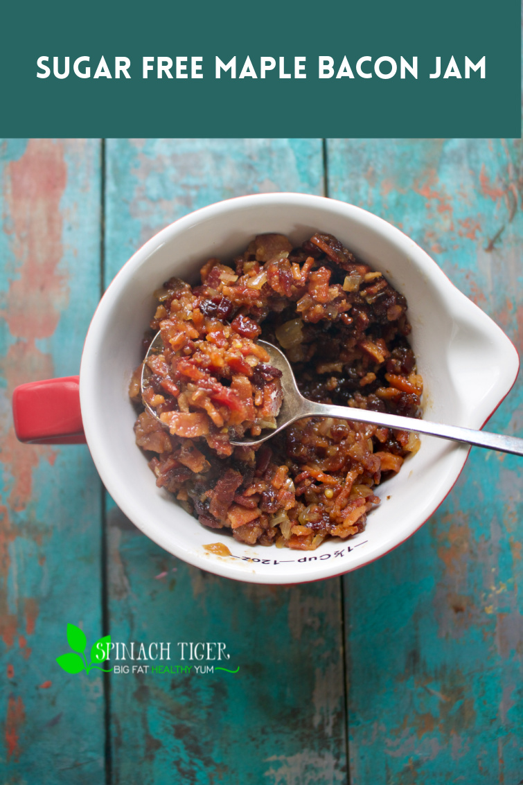 Bacon, Choc Zero Maple Syrup, Swerve, Shallots, grainy mustard, cider vinegar come together for the best bacon jam you can use on burgers, salads, and more. #baconjam #swerve #choczero via @angelaroberts