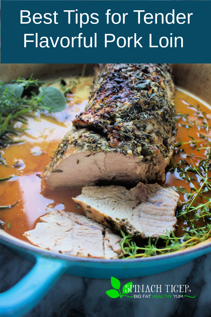 How to brine and season a pork loin roast to ensure a tender, flavorful roast. Rosemary, sage, thyme, lemon zest drive the flavors. #porkloin #porkroast #spinachtiger #rosemary #thyme #sage via @angelaroberts