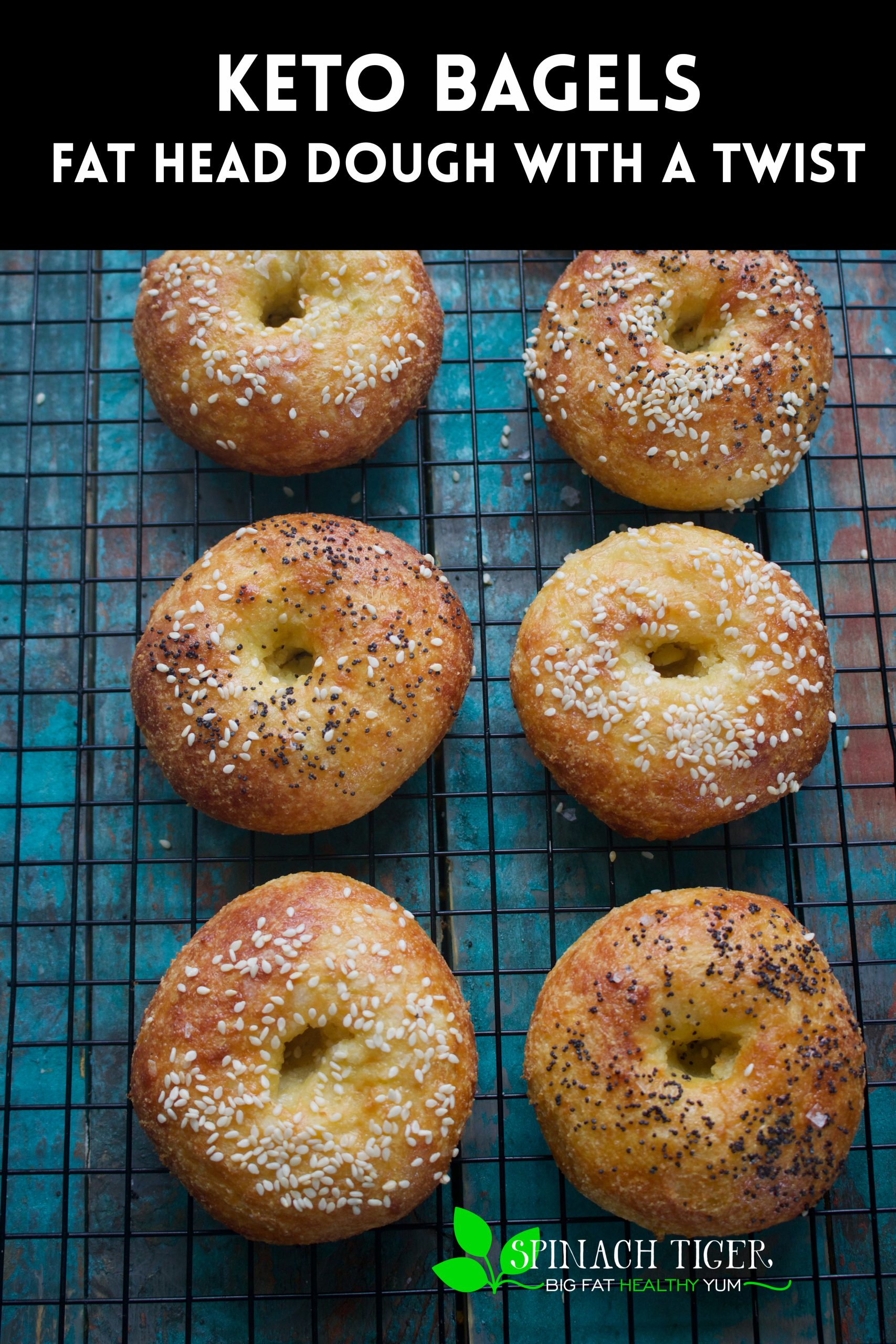 Keto Fathead bagel with secret ingredient to make a chewier bagel. ZERO NET CARBS. High in protein, fat and fiber. Makes a great sandwich bread. #ketobagel #ketorecipe #almondflourrecipe #almondflour #ketobread #spinachtiger via @angelaroberts