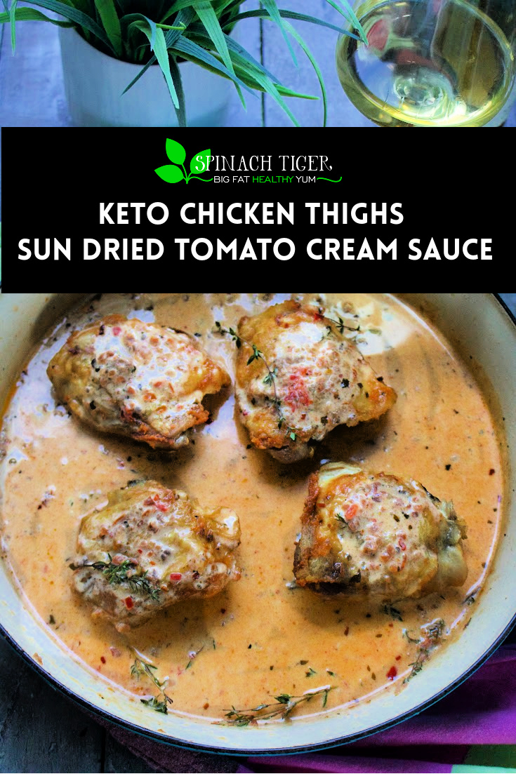 Creamy Chicken Thighs with Sun-Dried Tomato Cream Sauce, made with tomato pesto, heavy cream, white wine for a keto friendly, gourmet dinner. Grain free. Gluten Free. #ketodinner #chickenthighs #chicken #sundriedtomatoes #chickenrecipe via @angelaroberts