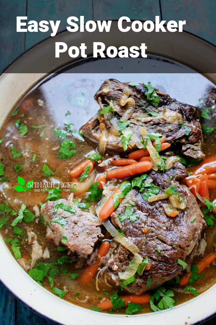 Make delicious Chuck Roast in a slow cooker with beef broth, red wine, vegetables for fork tender meat. Recipe includes flourless beef gravy recipe. #glutenfree #potroast #chuckroast #crockpotrecipe #spinachtiger #browngravy. via @angelaroberts