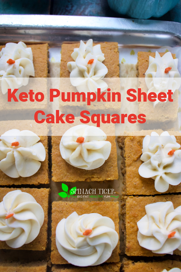 Easy to make keto pumpkin sheet pan cake with stabilized whipped cream. Cut into 24 squares and feed the crowd. #almondflour #keto #spinachtiger #whippedcream #pumpkinrecipes #pumpkin #glutenfree #paleo #diabeticdessert via @angelaroberts