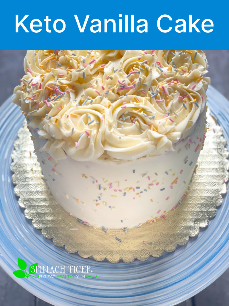 Keto Vanilla Layer Cake from bakery owner. Best keto cake on the web, and can be flavored to make more cakes, such as lemon, orange, maple, pumpkin, etc. Can be made into bundt cake and cupcakes. #ketocake #spinachtiger via @angelaroberts