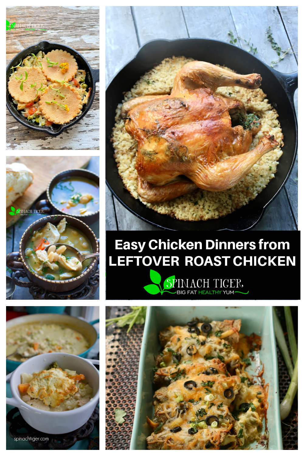 How to roast your own chicken. Make ten easy dinners from leftover roast chicken. Make enchiladas, soups, salads, chicken pot pie, chicken and biscuits. #chickendinners #easydinner #roastchicken #spinachtiger via @angelaroberts