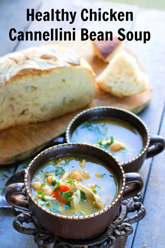 Make this easy chicken and white bean soup with organic boxed broth, left over chicken and canned cannellini beans. #beansoup #leftooverideas #leftoverchicken #chickenbeansoup #healthysoup #spinachtiger via @angelaroberts