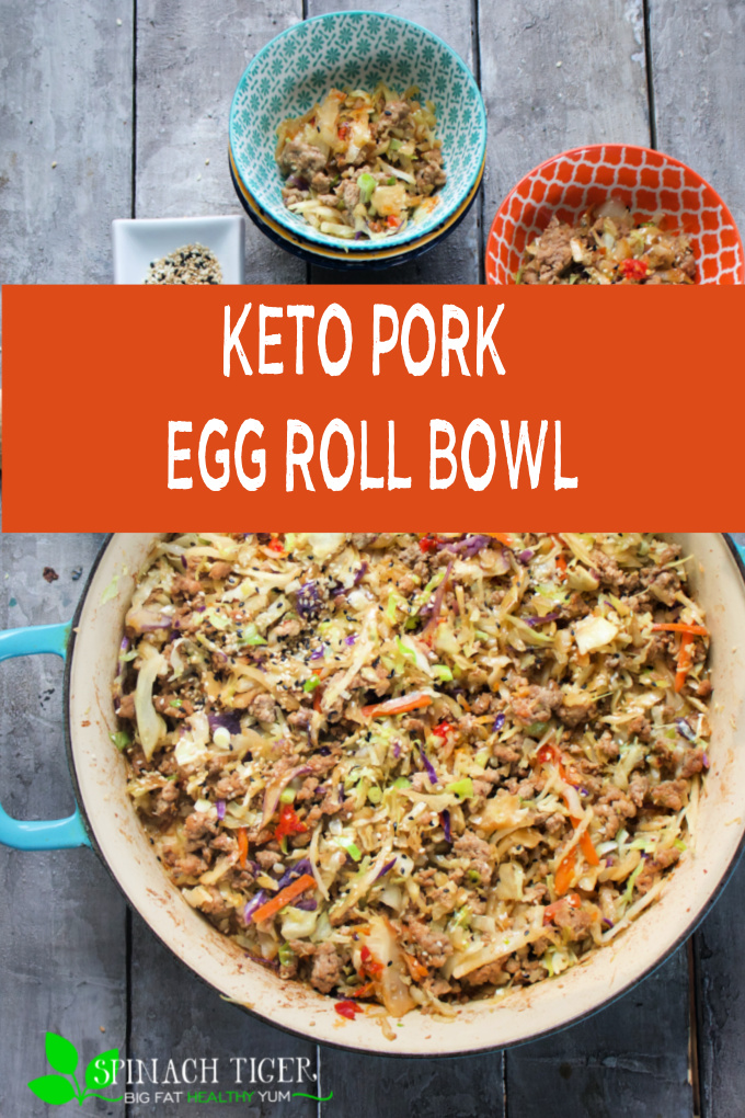 Healthy Eggroll in a roll. Make with ground pork (or shrimp) with shredded cabbage, Gluten free Tamari, hot sauce, garlic for a delightful low carb, keto friendly easy dinner. #eggrollbowl #cabbagerecipe #groundporkrecipe #ketorecipe #lowcarbrecipe #spinachtiger via @angelaroberts