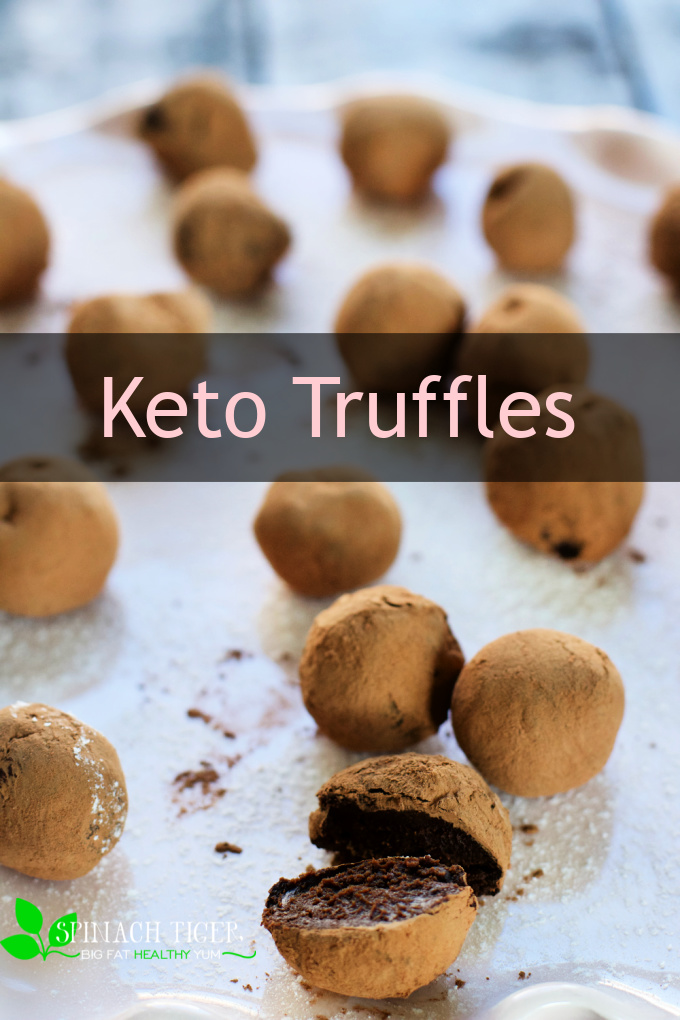 NO SUGAR delicious keto chocolate truffle recipe. Three easy ingredients. Choc Zero dark chocolate chips, heavy cream and cacao. ONE CARB. Safe for keto diet, and for diabetics. #choczero #chocolatetruffles #sugarfree #spinachtiger #ketorecipe via @angelaroberts