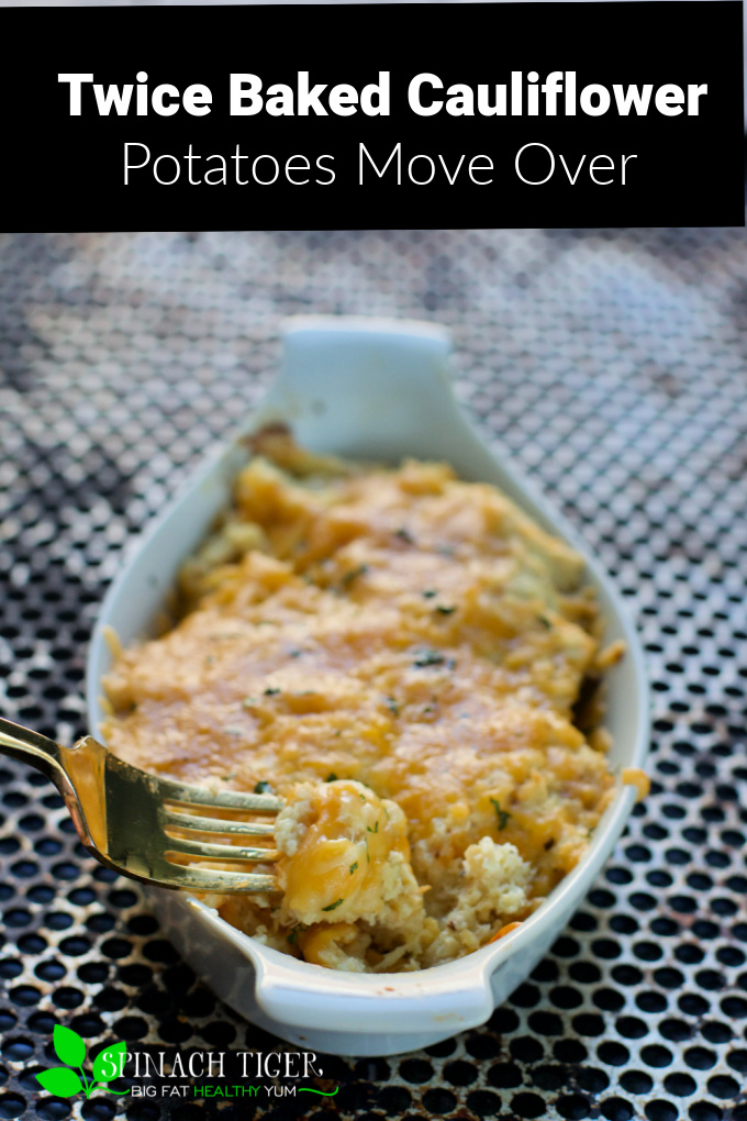 Twice Baked Cauliflower. Keto Friendly side. Cheesy Cauliflower Twice Baked just as good as twice baked potatoes. All the tips on how to get that perfect texture to make you think you are eating a potato! #cauliflower #ketorecipes #twicebakedcauliflower #ketosides #lowcarb #cheddar #easydinner #spinachtiger via @angelaroberts