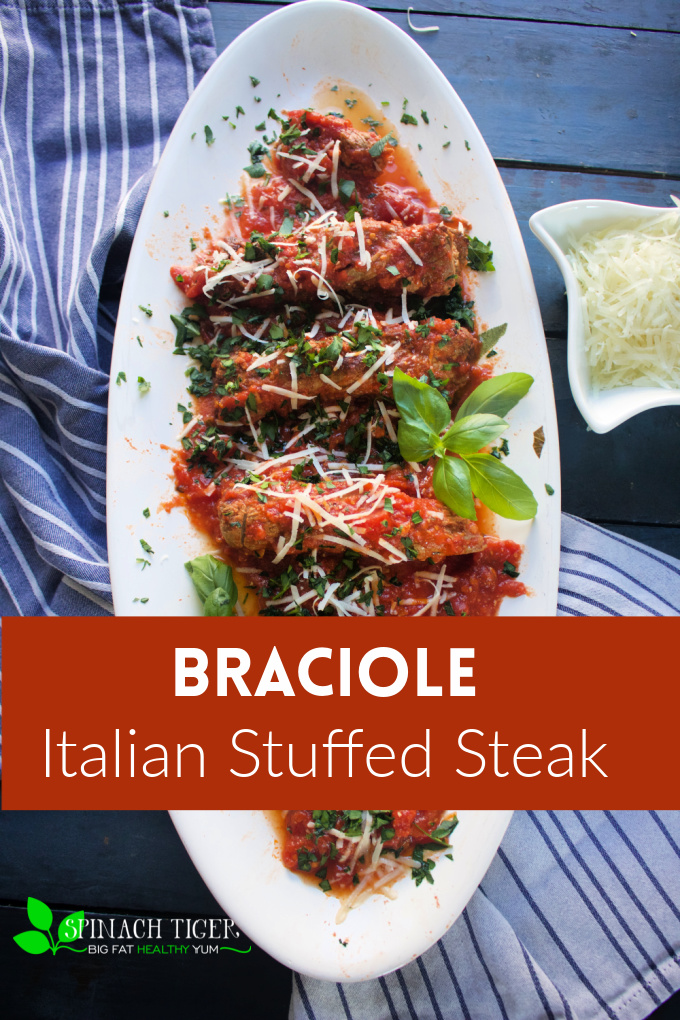 Braciole: Round Steak or Flank steak, stuffed with parmesan, parsley, garlic, rolled and braised in tomato sauce. Authentic recipe from my Italian Kitchen. Grain Free, Gluten Free. #braciole via @angelaroberts