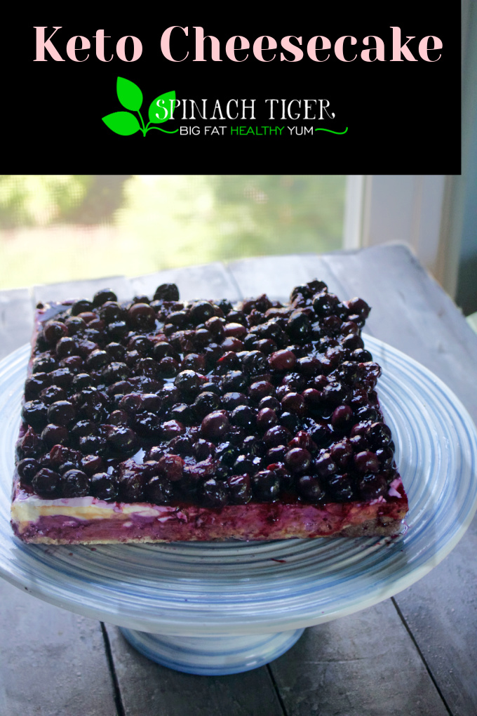 Keto Blueberry Cheesecake Bars - Made in 8 x 8 pan, with #swerve, cream cheese, sour cream. Make with blueberry compote or fruit of your choice. #spinachtiger. Low carb, gluten free, grain free, keto friendly, diabetic friendly. via @angelaroberts