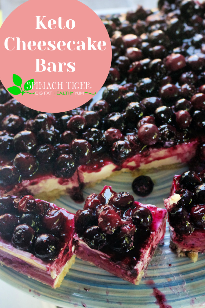 Keto Blueberry Cheesecake Bars - Made in 8 x 8 pan, with #swerve, cream cheese, sour cream. Make with blueberry compote or fruit of your choice. #spinachtiger. Low carb, gluten free, grain free, keto friendly, diabetic friendly. via @angelaroberts