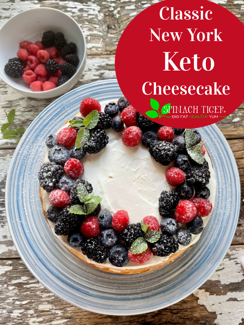 Make this delicious SUGAR FREE, KETO New York style cheesecake and impress your guests. Made with Swerve. Easy to bake, no water bath, grain free almond flour crust. This is the best do ahead keto dessert for all occasions. #ketocheesecake #spinachtiger via @angelaroberts