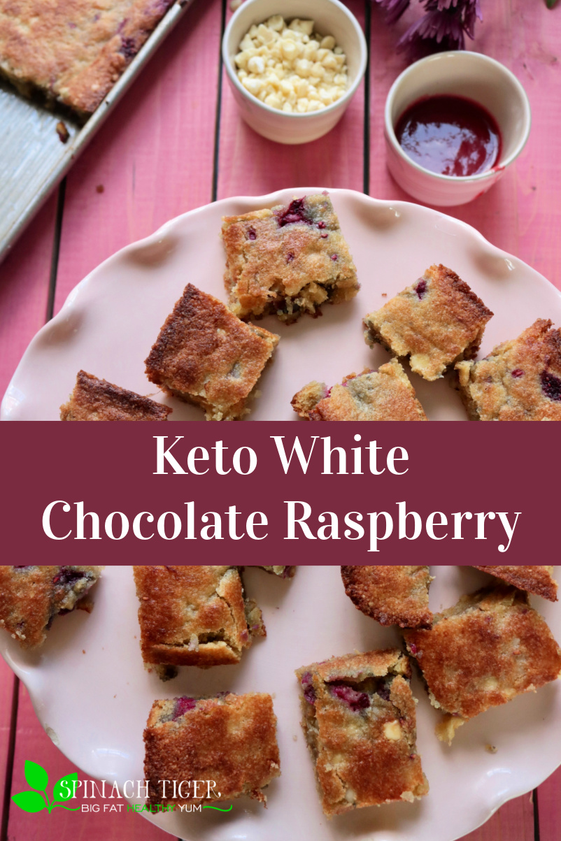 Keto White Chocolate Raspberry Blondies, perfect for a crowd or a potluck. Made with almond flour, raspberries, is gluten free and grain free. #ketobaking via @angelaroberts