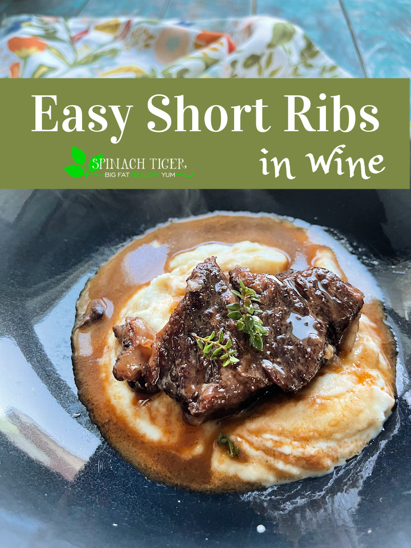 Easy short ribs in wine, made either in oven in dutch oven or on top of the stove. How to sear, proper way to reduce wine and how to get a perfect sauce for the short ribs. #shortribs #wine #cookingwithwine #spinachtiger via @angelaroberts