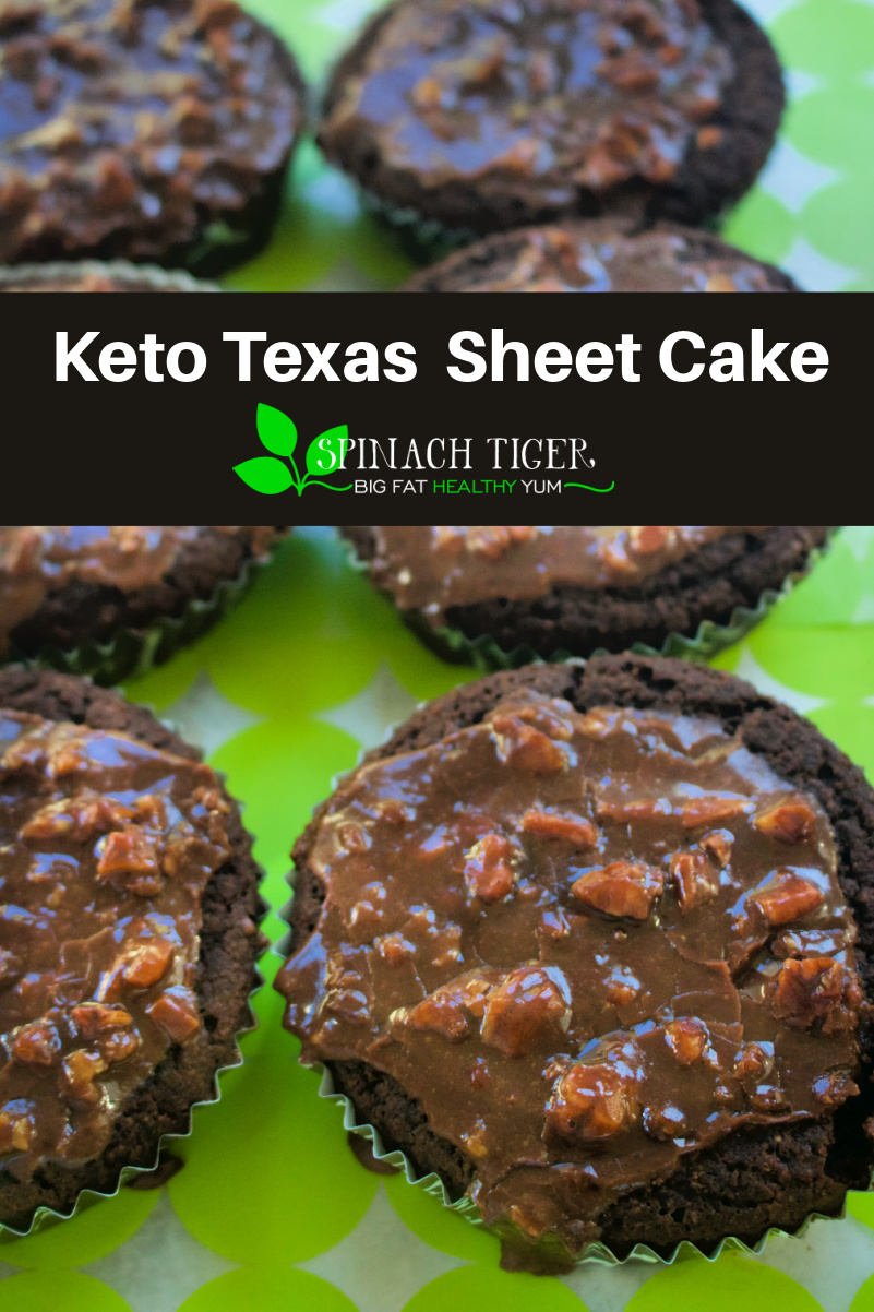 Keto Texas Sheet Cake Cupcakes - Make individual cakes of this classic, the fastest selling cake in our keto bakery. Chocolate Cake made with almond flour, topped with chocolate pecan icing. #ketodessert #ketochocolate #texassweetcake #spinachtiger via @angelaroberts