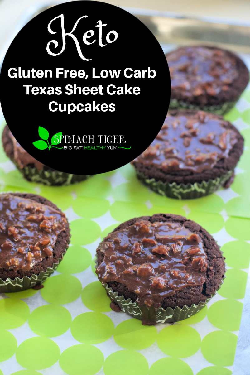 Keto Texas Sheet Cake Cupcakes - Make individual cakes of this classic, the fastest selling cake in our keto bakery. Chocolate Cake made with almond flour, topped with chocolate pecan icing. #ketodessert #ketochocolate #texassweetcake #spinachtiger via @angelaroberts
