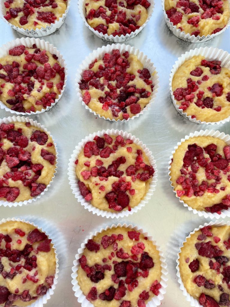 Keto White Chocolate Raspberry Muffins  using Frozen Raspberries