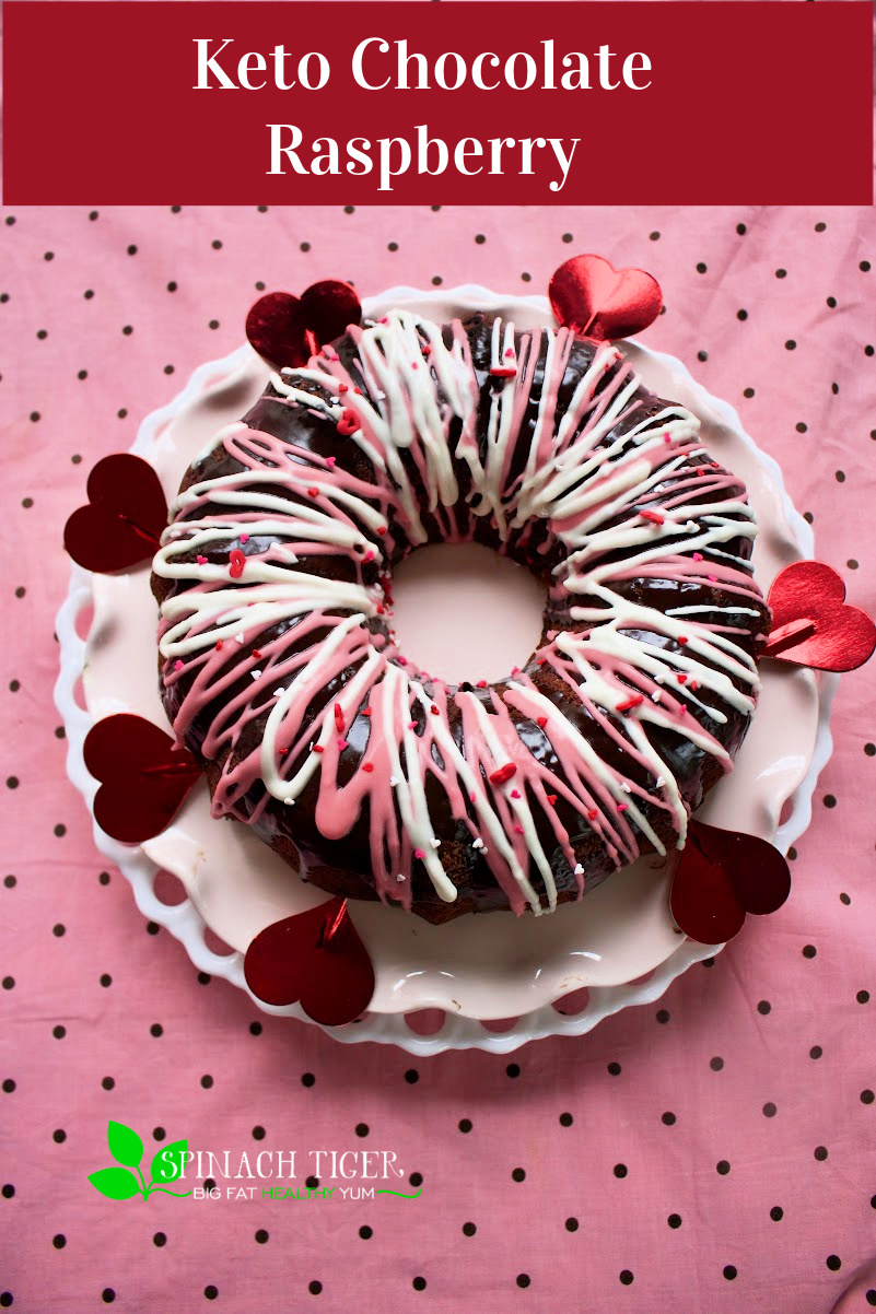 Keto Chocolate Raspberry Bundt Cake made with Chocolate Raspberry Ganache. Recipe at Spinach Tiger. Discover the best raspberry extract for chocolate. via @angelaroberts