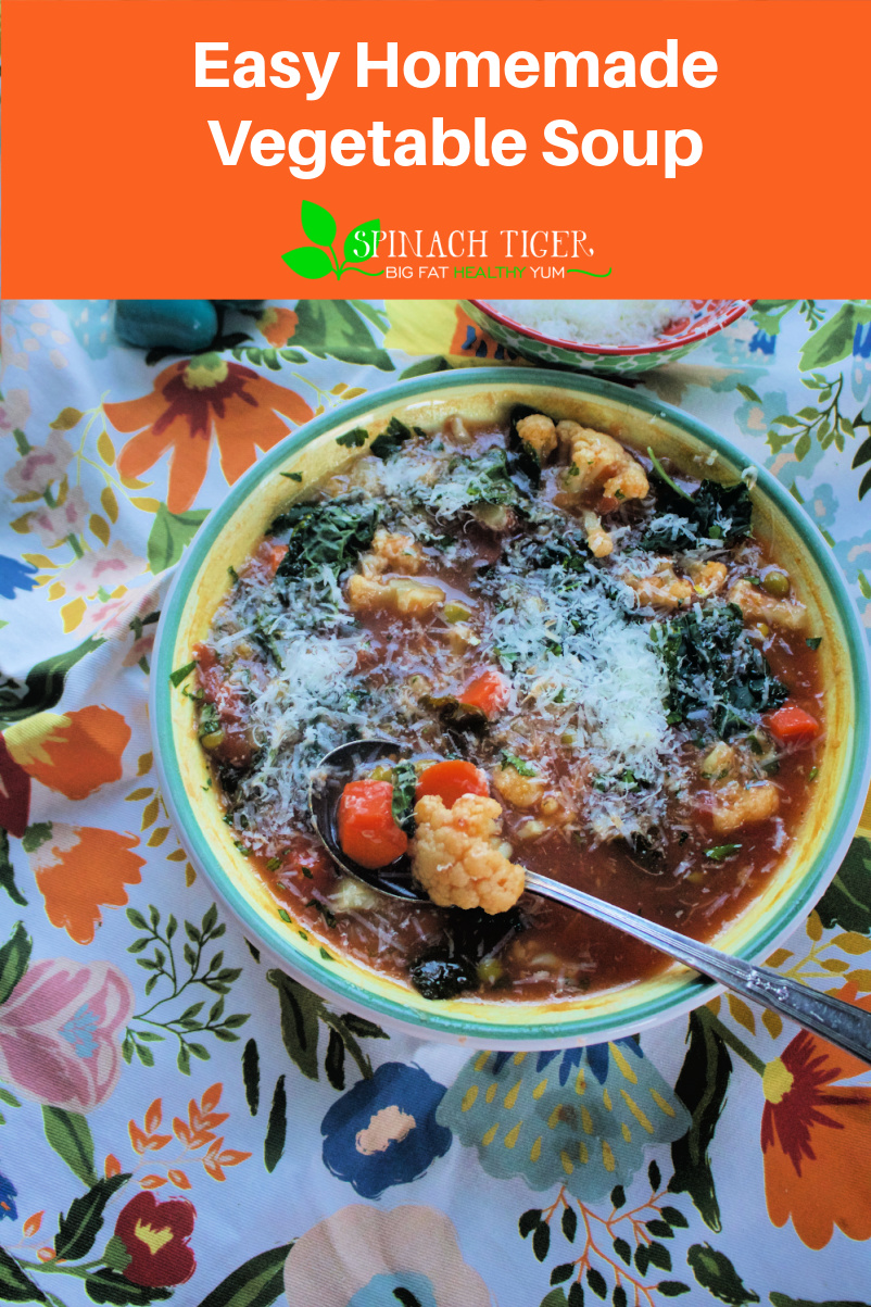 Homemade Vegetable Soup (LOW CARB) with kale, cauliflower, carrots and my secret to great broth. #homemadesoup #soup #spinachtiger via @angelaroberts