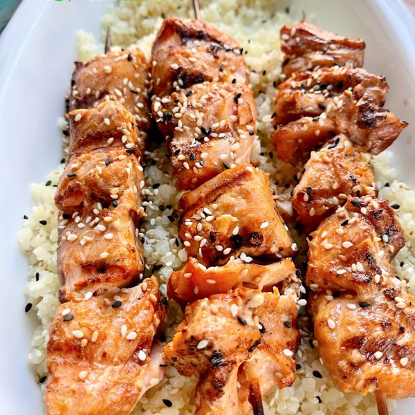 Salmon Kabobs on the Grill over Cauliflower Rice
