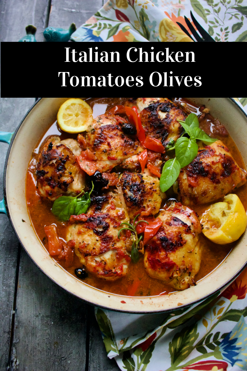 Italian Chicken Tomatoes Olives Make this delicious Italian baked Chicken thighs, with garlic, peppers, tomatoes, olives and a big squeeze of lemon. via @angelaroberts