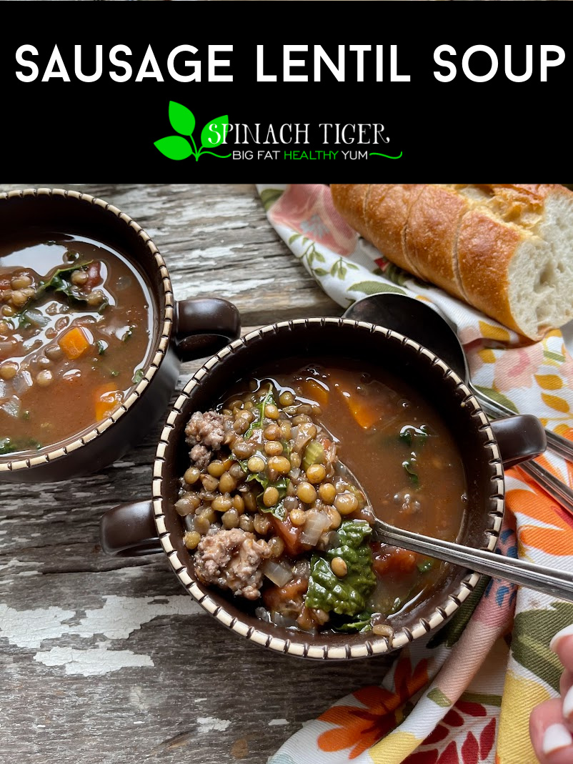 Make this delicious Italian Sausage Lentil Soup with 30 minutes active cook time. Easy. Delicious. Hearty enough to be the main meal. Tomato Broth brings all the flavor. #lentils #ItalianSausage #sausagelentilsoup via @angelaroberts