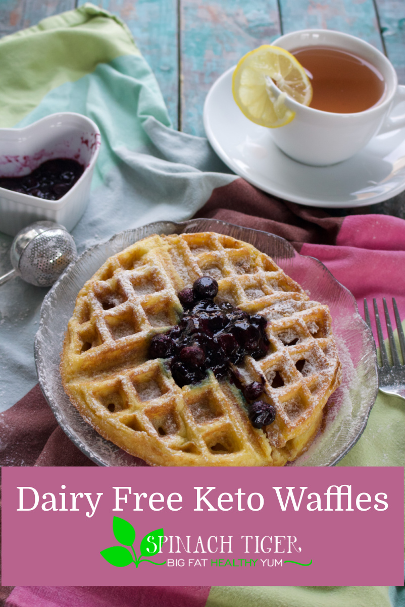 Dairy Free Keto Waffles made with almond flour, avocado oil, coconut milk and eggs. Make sweet or savory. With recipe for sugar free blueberry topping. via @angelaroberts