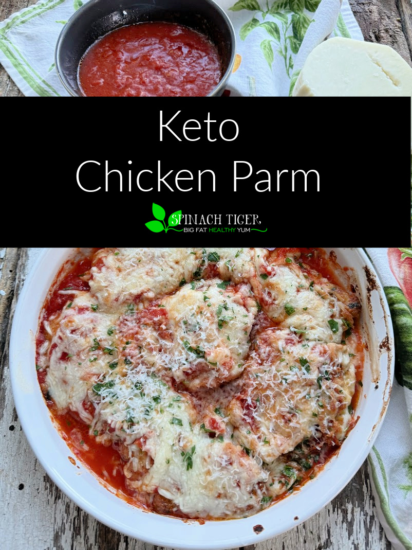 Keto Chicken Parmesan. Fry chicken in egg and pecorino cheese. Layer with sauce and mozzarella. #chickenparmesan #chickenparm via @angelaroberts