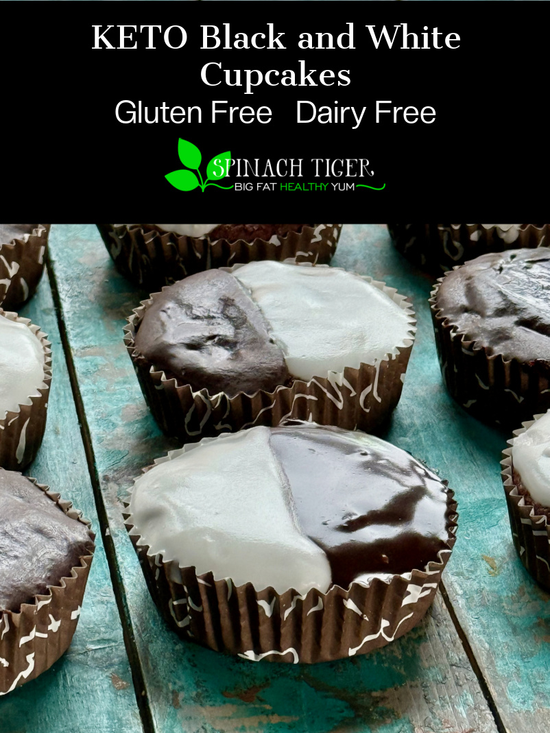 Keto Black and White (Half Moon) Cupcake Chocolate cake half glaze, half chocolate ganache. Sugar Free, Gluten Free. From a Keto Bakery Owner. via @angelaroberts
