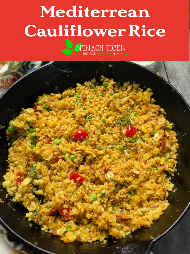 Mediterranean Cauliflower Rice, the perfect low-carb side dish for chicken, lamb, fish with Peas, Turmeric and spices. ou won't believe how good cauliflower rice can be, especially when you crisp it up. via @angelaroberts