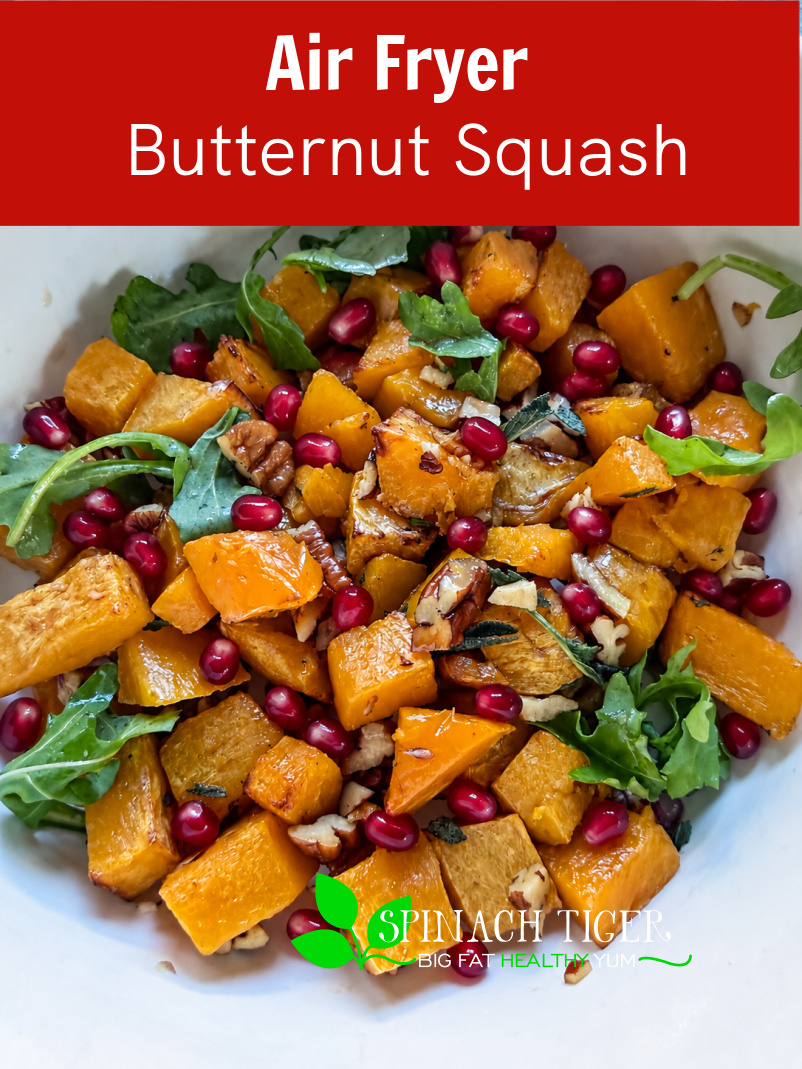 Air Fryer Butternut Squash Side Dish, with Pecans, Maple Syrup, Pomegranate via @angelaroberts
